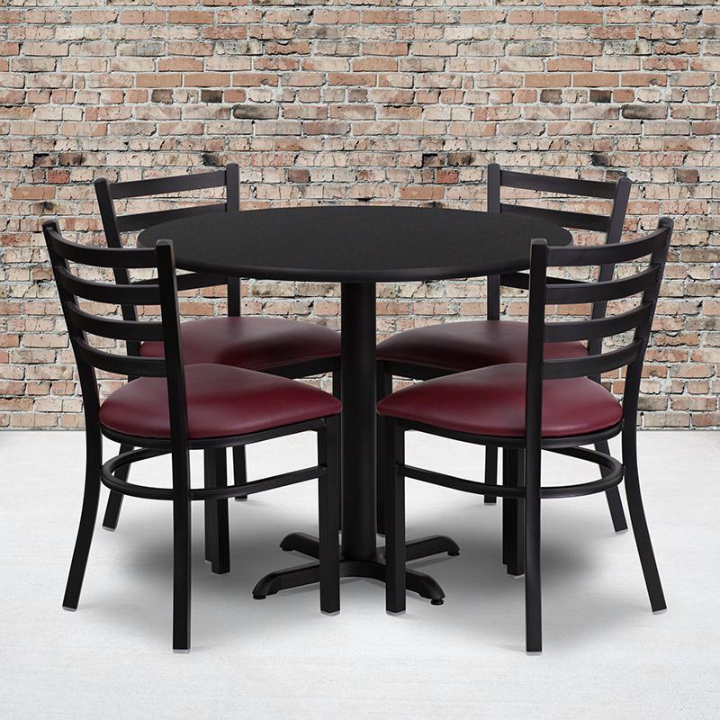 Image of 36'' Round Black Laminate Table Set With X-Base And 4 Ladder Back Metal Chairs - Burgundy Vinyl Seat