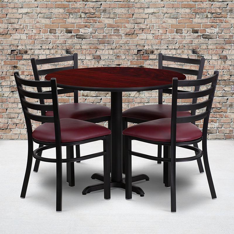 Image of 36'' Round Mahogany Laminate Table Set With X-Base And 4 Ladder Back Metal Chairs - Burgundy Vinyl Seat