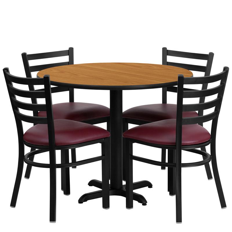 36'' Round Natural Laminate Table Set With X-Base And 4 Ladder Back Metal Chairs - Burgundy Vinyl Seat