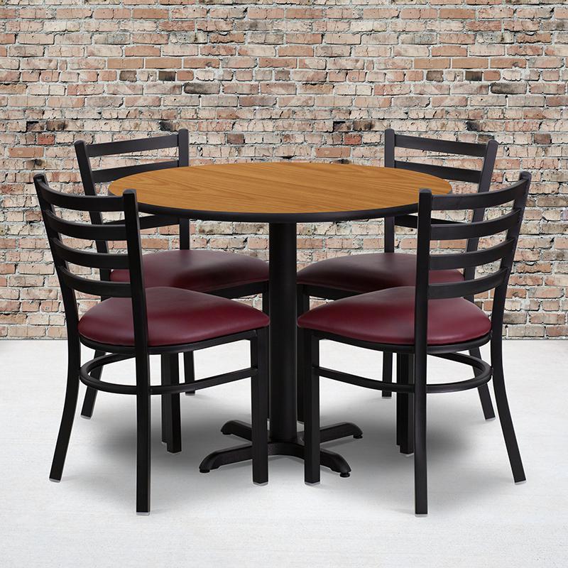 Image of 36'' Round Natural Laminate Table Set With X-Base And 4 Ladder Back Metal Chairs - Burgundy Vinyl Seat