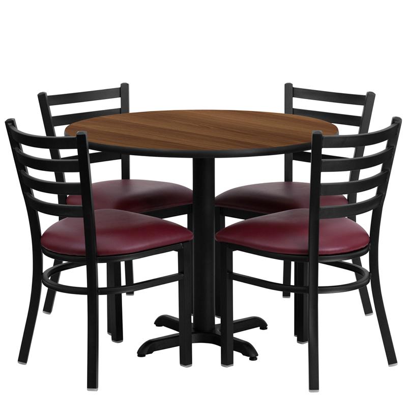 36'' Round Walnut Laminate Table Set With X-Base And 4 Ladder Back Metal Chairs - Burgundy Vinyl Seat