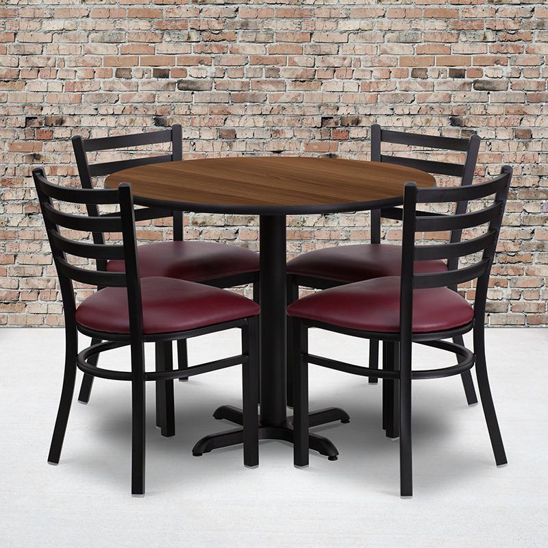 Image of 36'' Round Walnut Laminate Table Set With X-Base And 4 Ladder Back Metal Chairs - Burgundy Vinyl Seat
