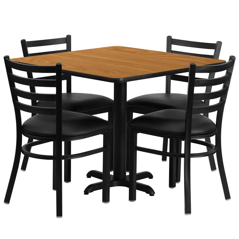 36'' Square Natural Laminate Table Set With X-Base And 4 Ladder Back Metal Chairs - Black Vinyl Seat