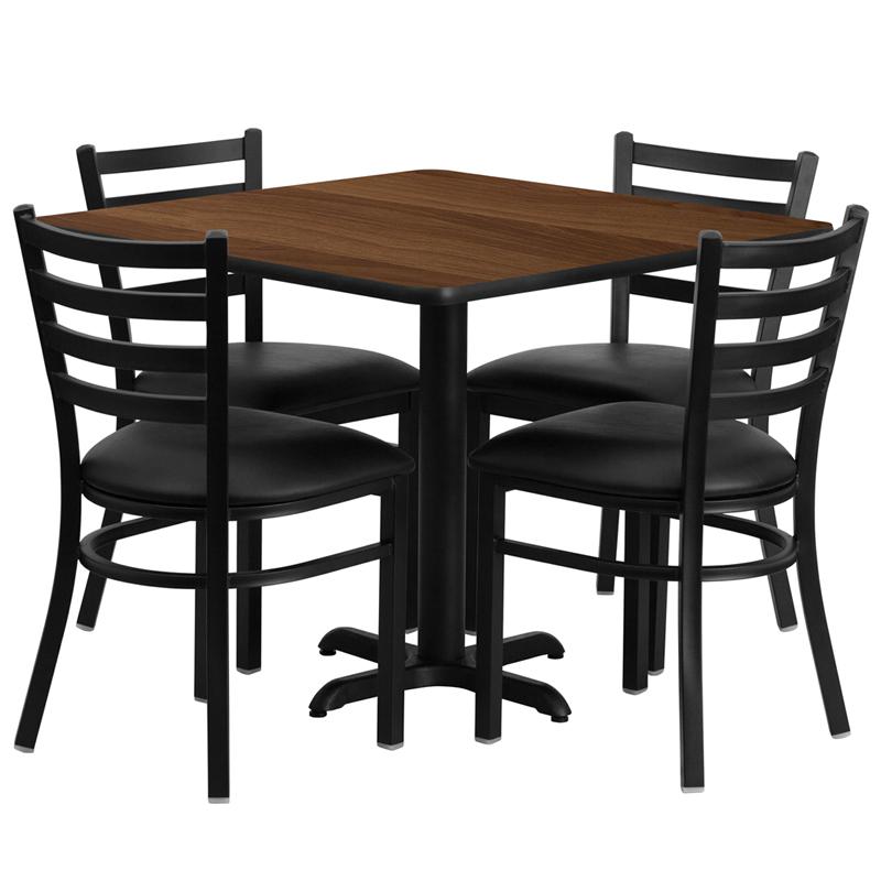 36'' Square Walnut Laminate Table Set With X-Base And 4 Ladder Back Metal Chairs - Black Vinyl Seat