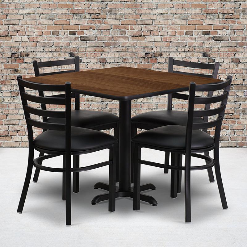 Image of 36'' Square Walnut Laminate Table Set With X-Base And 4 Ladder Back Metal Chairs - Black Vinyl Seat