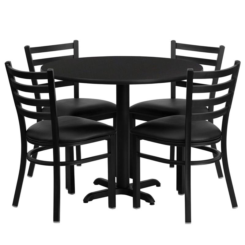 36- Round Table Set with X-Base and 4 Metal Chairs - Black Vinyl Seat