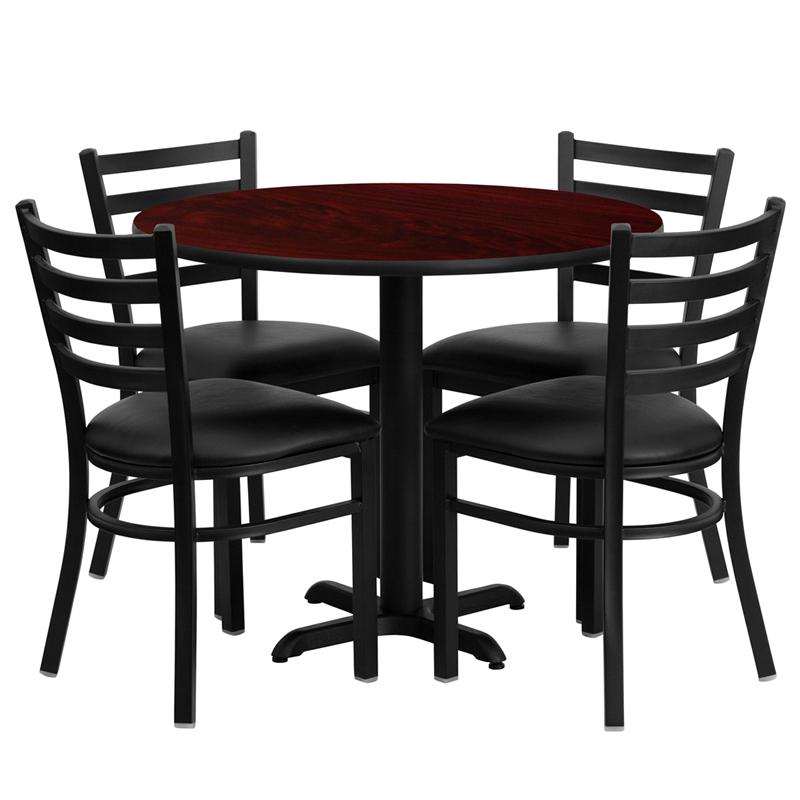 36'' Round Mahogany Laminate Table Set With X-Base And 4 Ladder Back Metal Chairs - Black Vinyl Seat