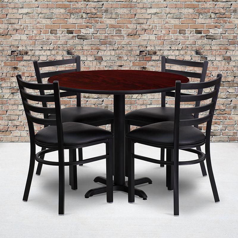 Image of 36'' Round Mahogany Laminate Table Set With X-Base And 4 Ladder Back Metal Chairs - Black Vinyl Seat