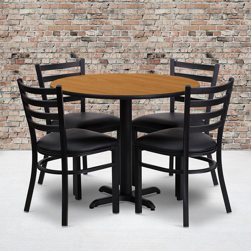 Image of 36'' Round Natural Laminate Table Set With X-Base And 4 Ladder Back Metal Chairs - Black Vinyl Seat