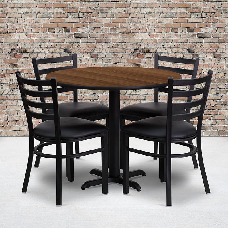 Image of 36'' Round Walnut Laminate Table Set With X-Base And 4 Ladder Back Metal Chairs - Black Vinyl Seat