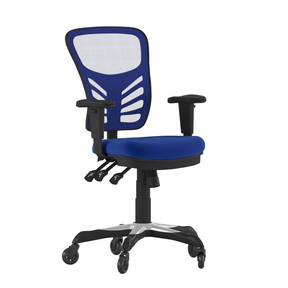 Nicholas Mid-Back Blue Mesh Multifunction Executive Swivel Ergonomic Office Chair With Adjustable Arms And Transparent Roller Wheels
