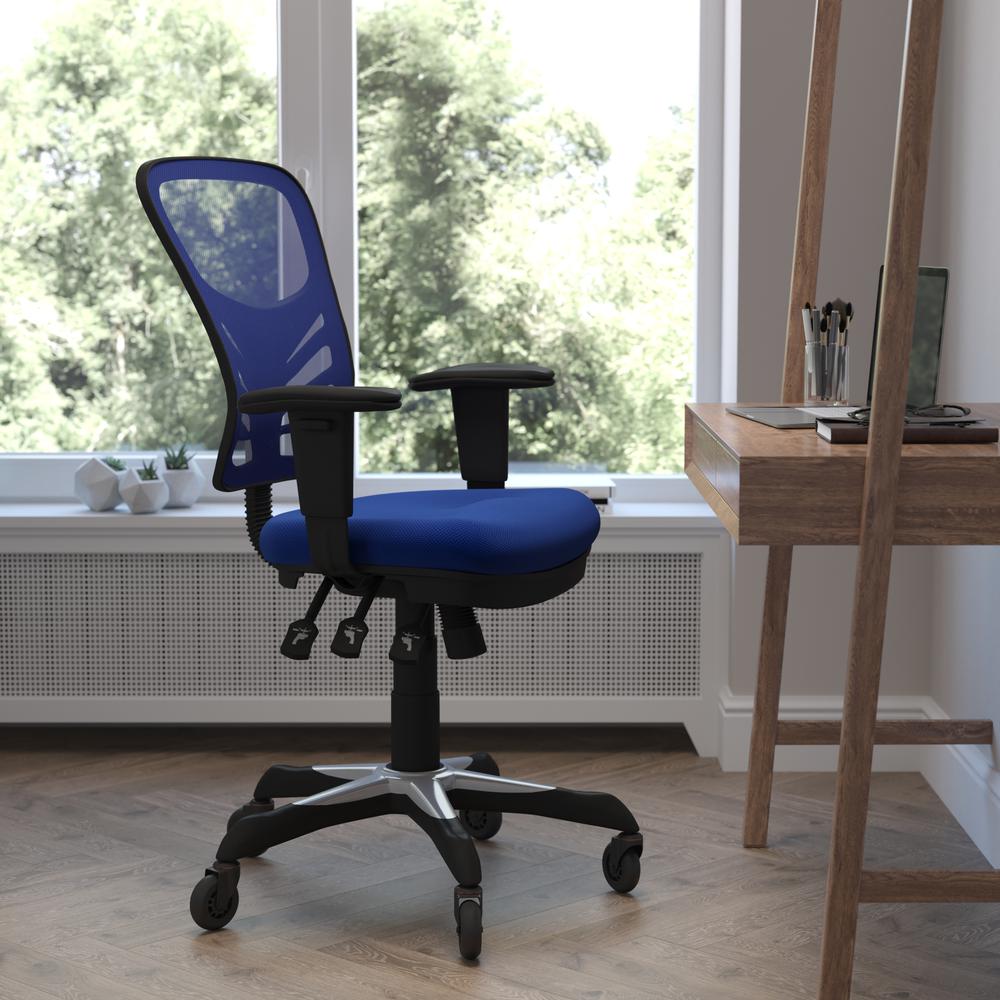 Image of Nicholas Mid-Back Blue Mesh Multifunction Executive Swivel Ergonomic Office Chair With Adjustable Arms And Transparent Roller Wheels