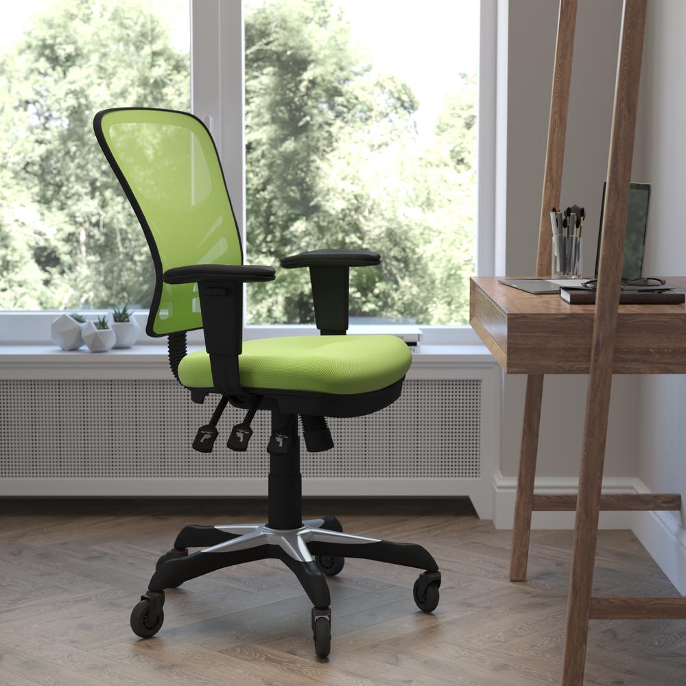 Image of Nicholas Mid-Back Green Mesh Multifunction Executive Swivel Ergonomic Office Chair With Adjustable Arms And Transparent Roller Wheels
