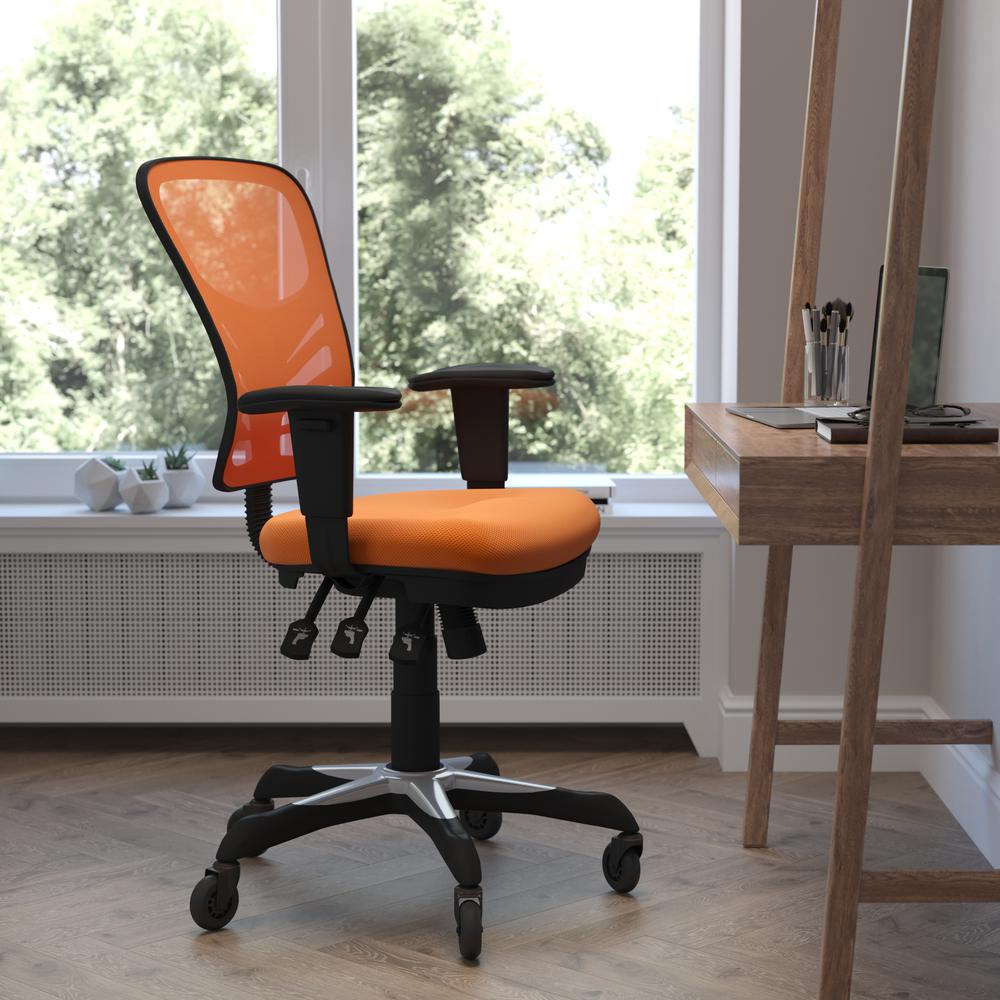 Image of Nicholas Mid-Back Orange Mesh Multifunction Executive Swivel Ergonomic Office Chair With Adjustable Arms And Transparent Roller Wheels