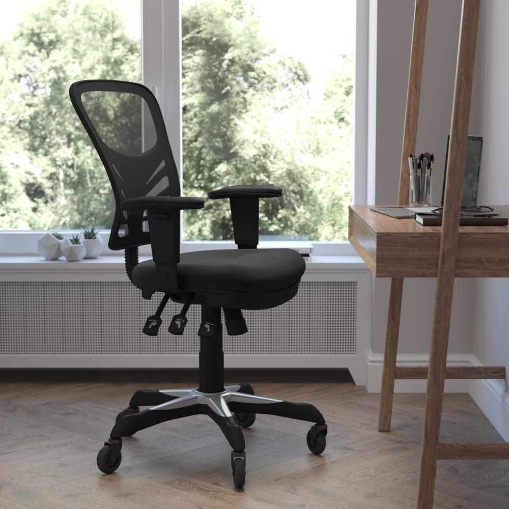 Image of Nicholas Mid-Back Black Mesh Multifunction Executive Swivel Ergonomic Office Chair With Adjustable Arms And Transparent Roller Wheels