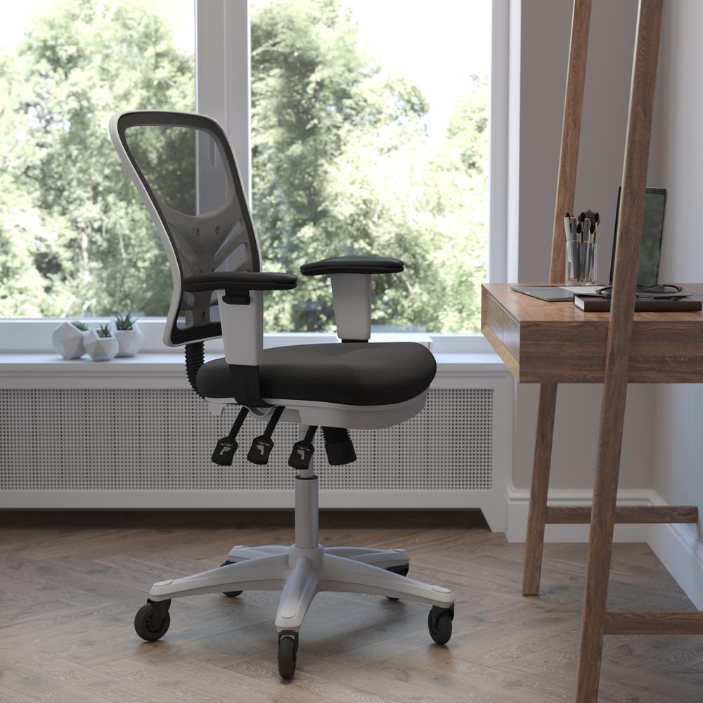 Image of Nicholas Mid-Back Black Mesh Multifunction Executive Ergonomic Office Chair With Adjustable Arms, Transparent Roller Wheels, And White Frame