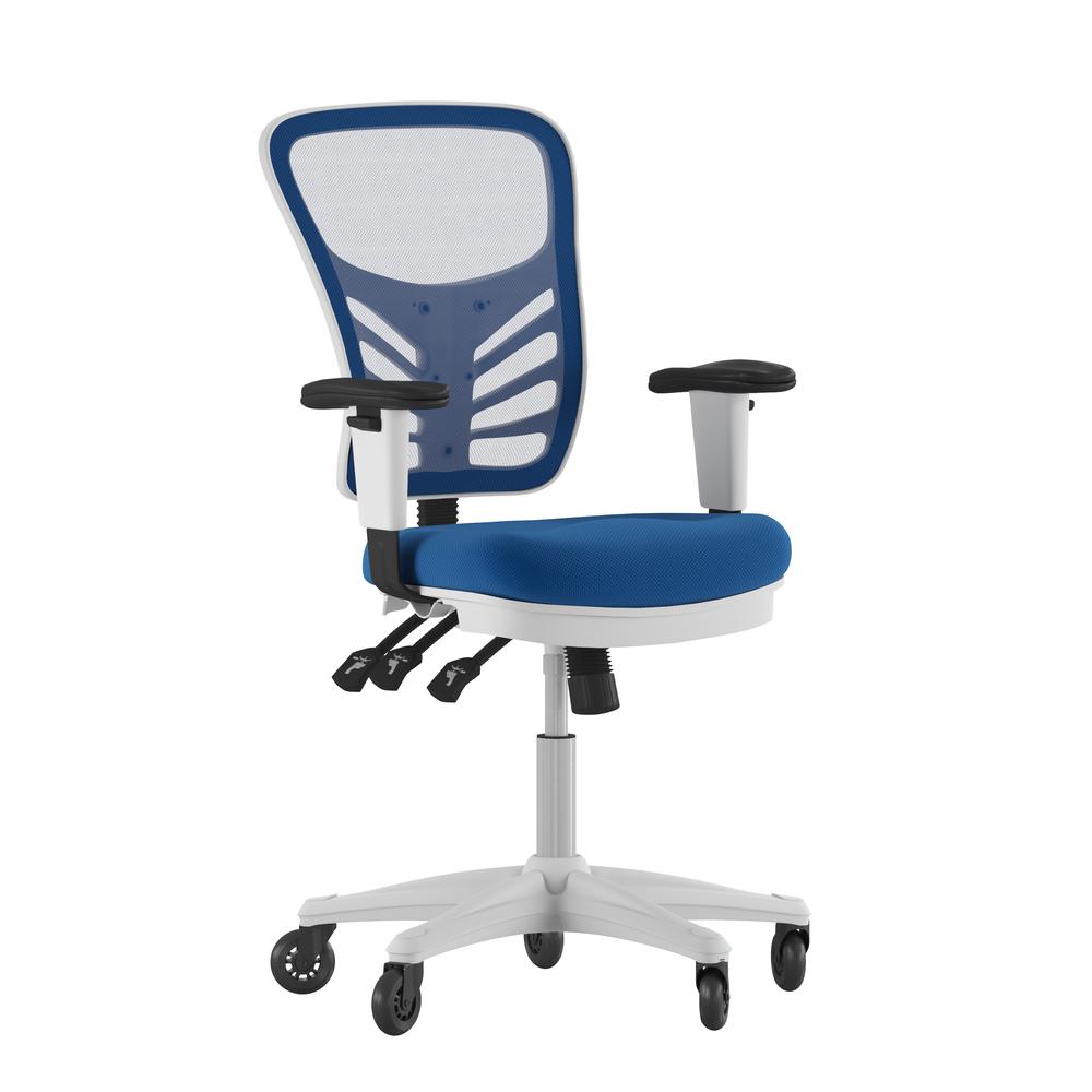 Nicholas Mid-Back Blue Mesh Multifunction Executive Ergonomic Office Chair With Adjustable Arms, Transparent Roller Wheels, And White Frame