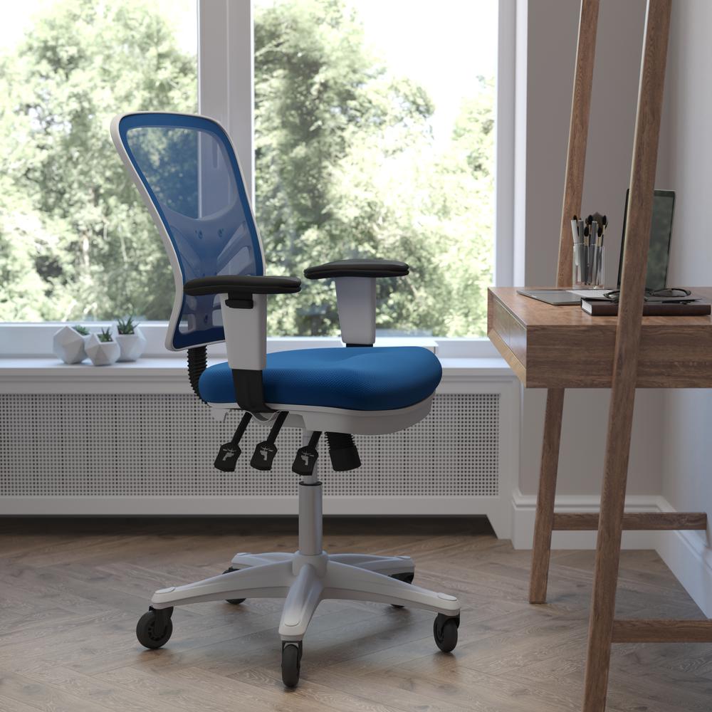 Image of Nicholas Mid-Back Blue Mesh Multifunction Executive Ergonomic Office Chair With Adjustable Arms, Transparent Roller Wheels, And White Frame