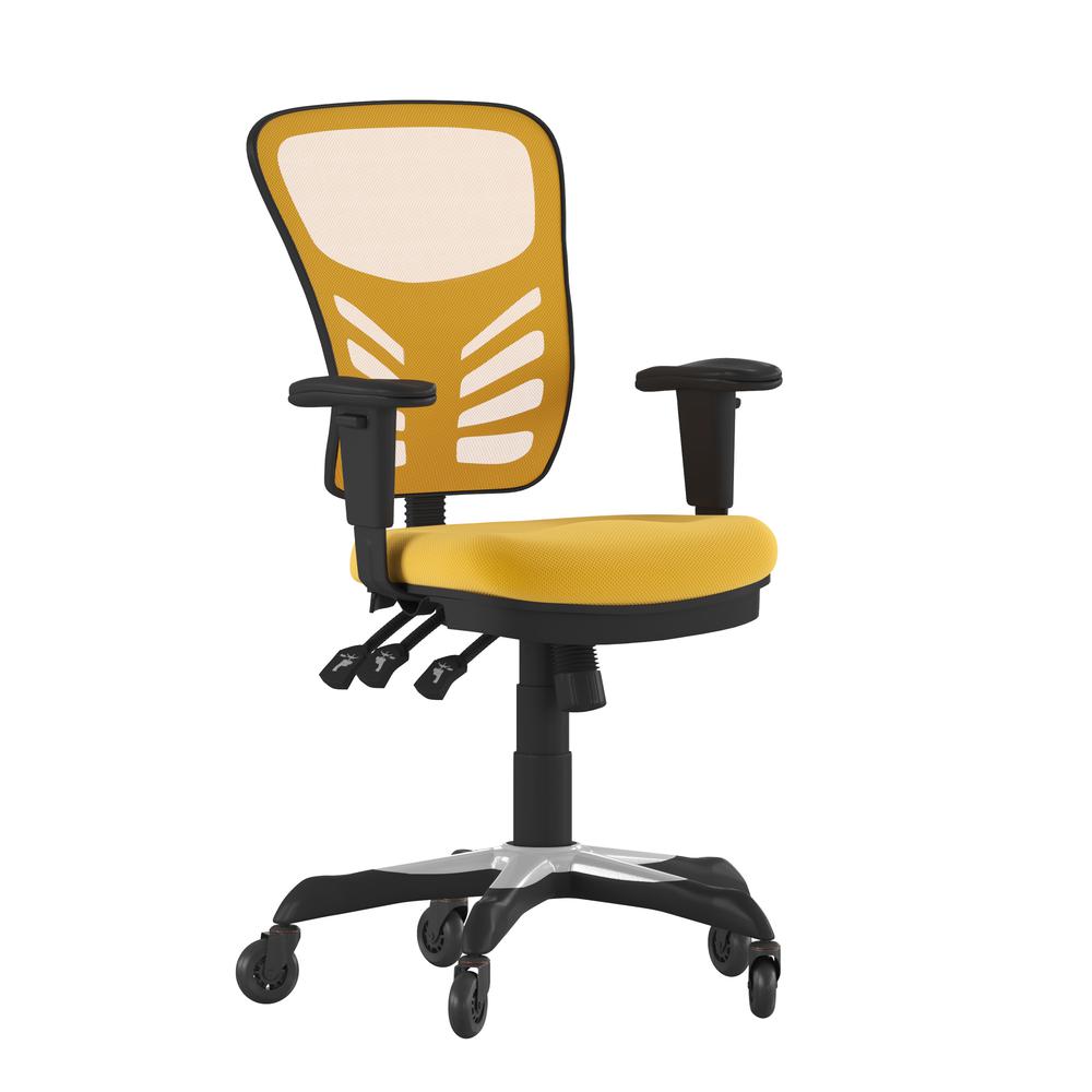Nicholas Mid-Back Yellow-Orange Mesh Multifunction Executive Swivel Ergonomic Office Chair With Adjustable Arms And Transparent Roller Wheels