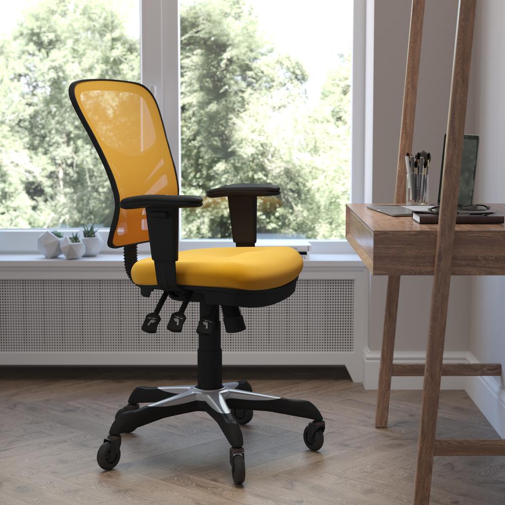 Image of Nicholas Mid-Back Yellow-Orange Mesh Multifunction Executive Swivel Ergonomic Office Chair With Adjustable Arms And Transparent Roller Wheels