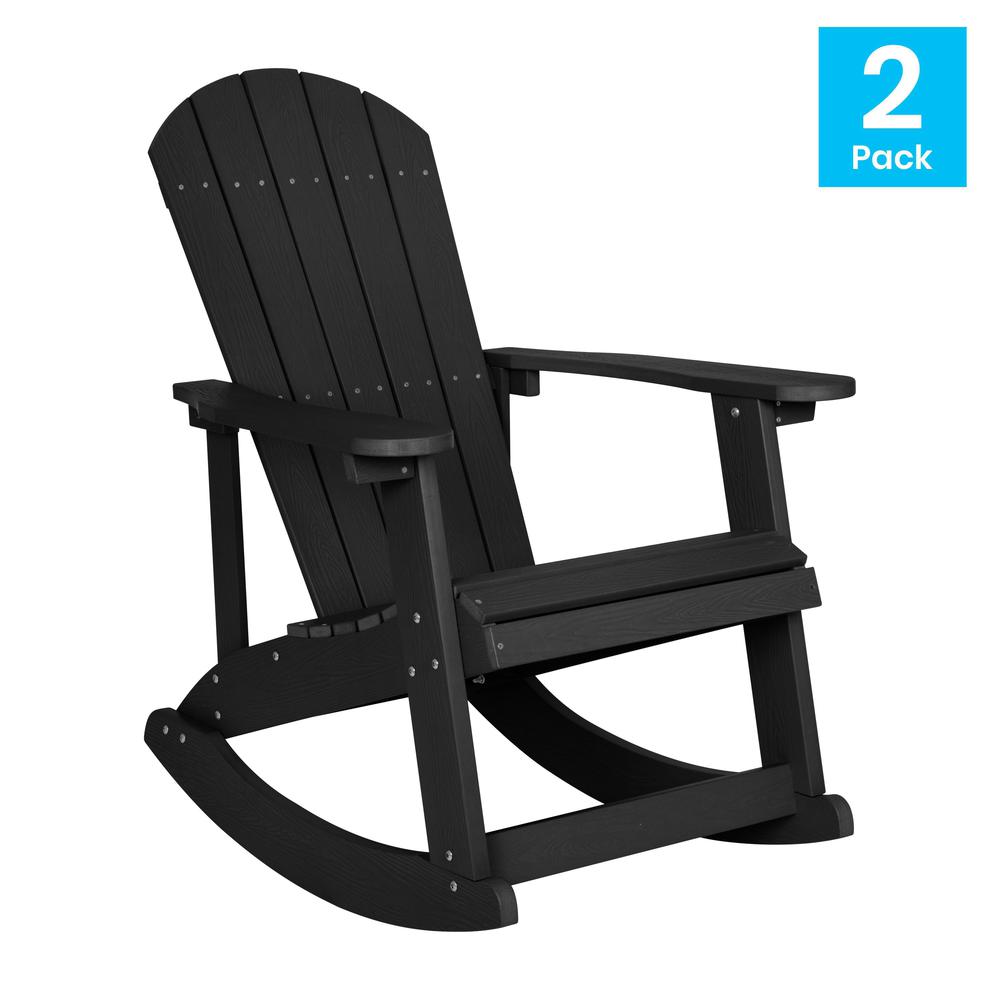 This is the image of Savannah All-Weather Poly Resin Wood Adirondack Rocking Chair - Set of 2, Black, with Rust Resistant Stainless Steel Hardware