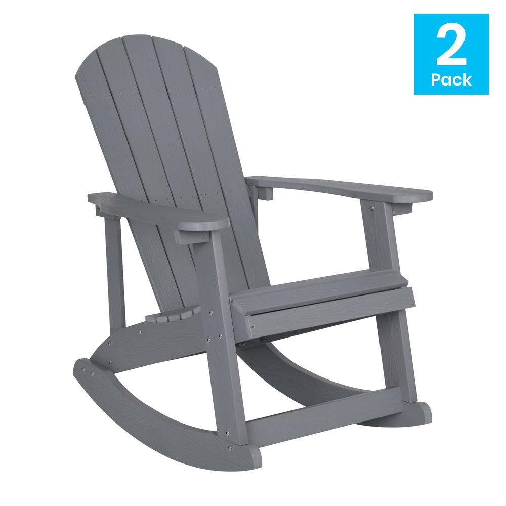 This is the image of Savannah All-Weather Poly Resin Wood Adirondack Rocking Chair - Set of 2, Gray, with Rust Resistant Stainless Steel Hardware