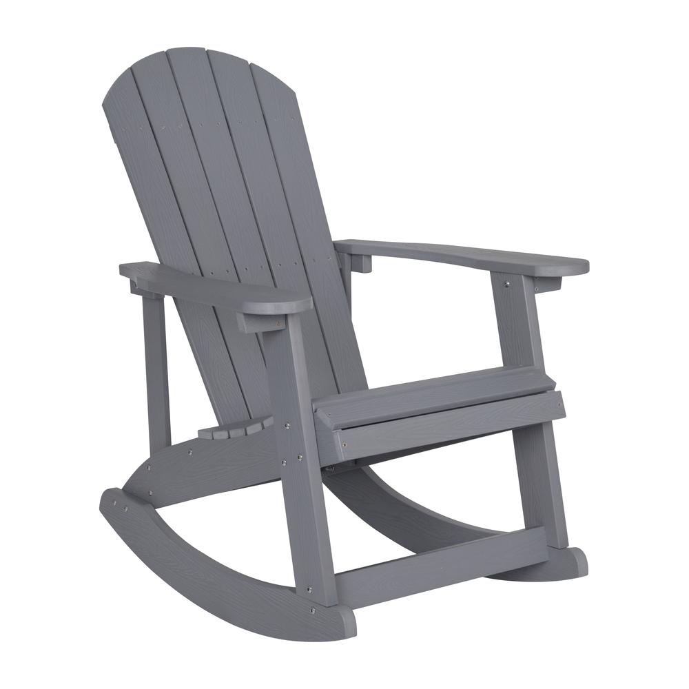 This is the image of Savannah All-Weather Poly Resin Wood Adirondack Rocking Chair - Gray, with Rust-Resistant Stainless Steel Hardware