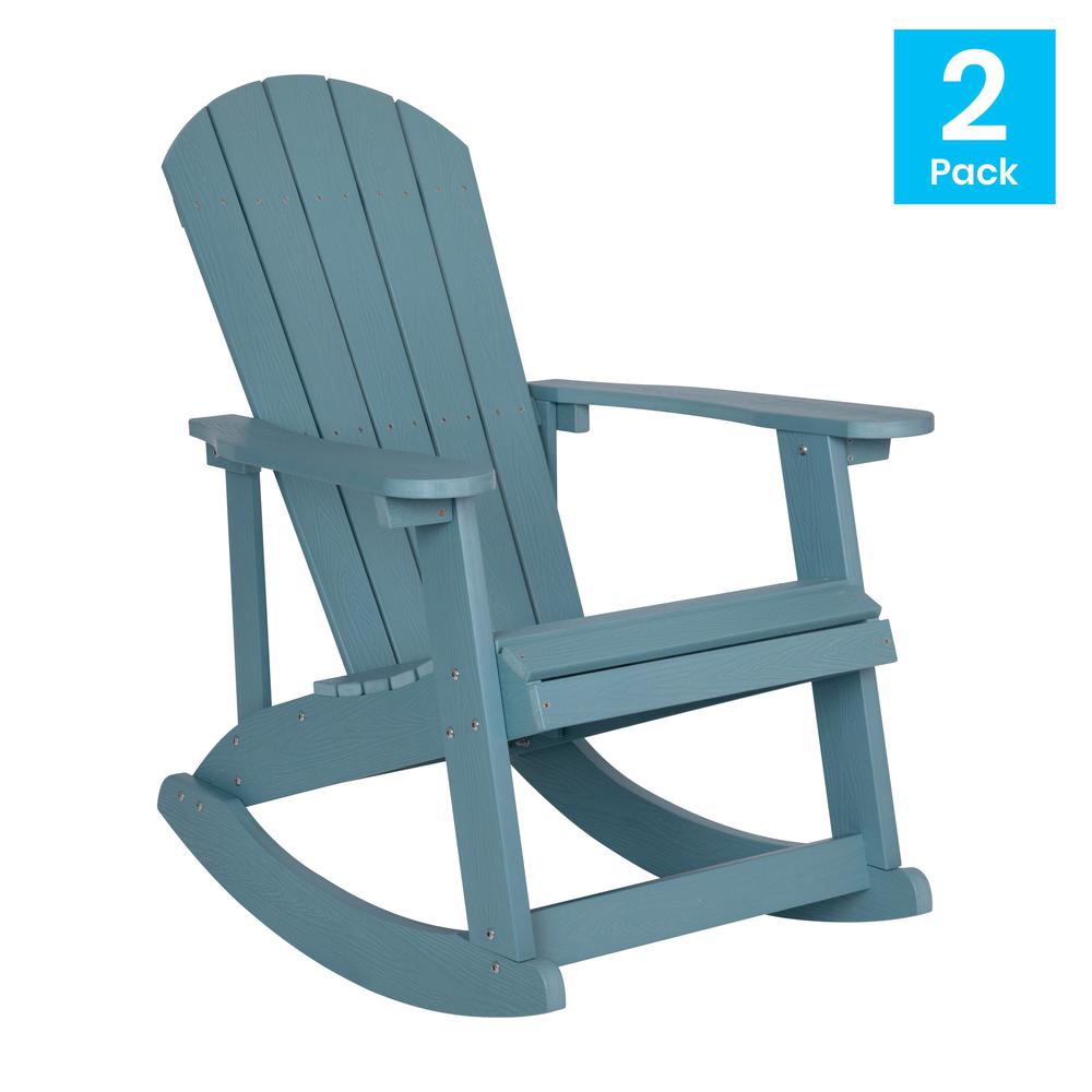 This is the image of Set of 2 Savannah All-Weather Poly Resin Wood Adirondack Rocking Chairs in Sea Foam with Rust Resistant Stainless Steel Hardware
