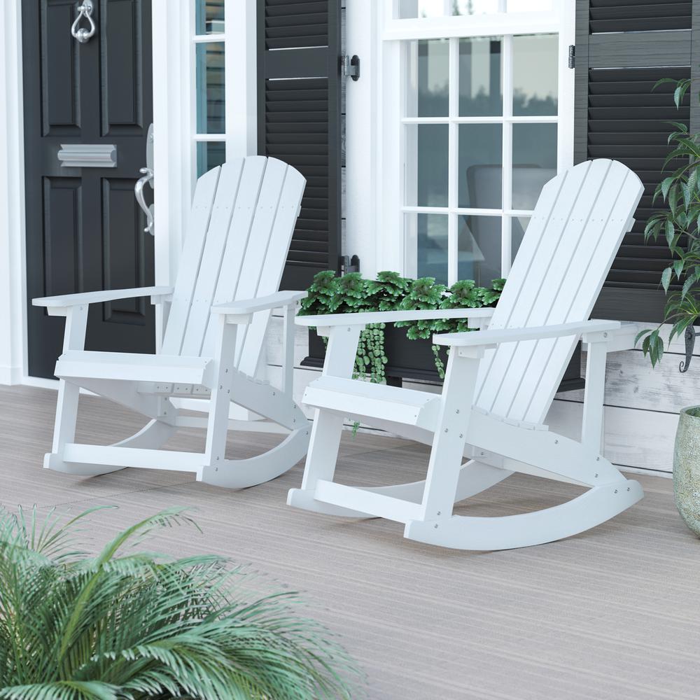 Savannah All-Weather Poly Resin Wood Adirondack Rocking Chair - Set of 2, White, with Rust Resistant Stainless Steel Hardware