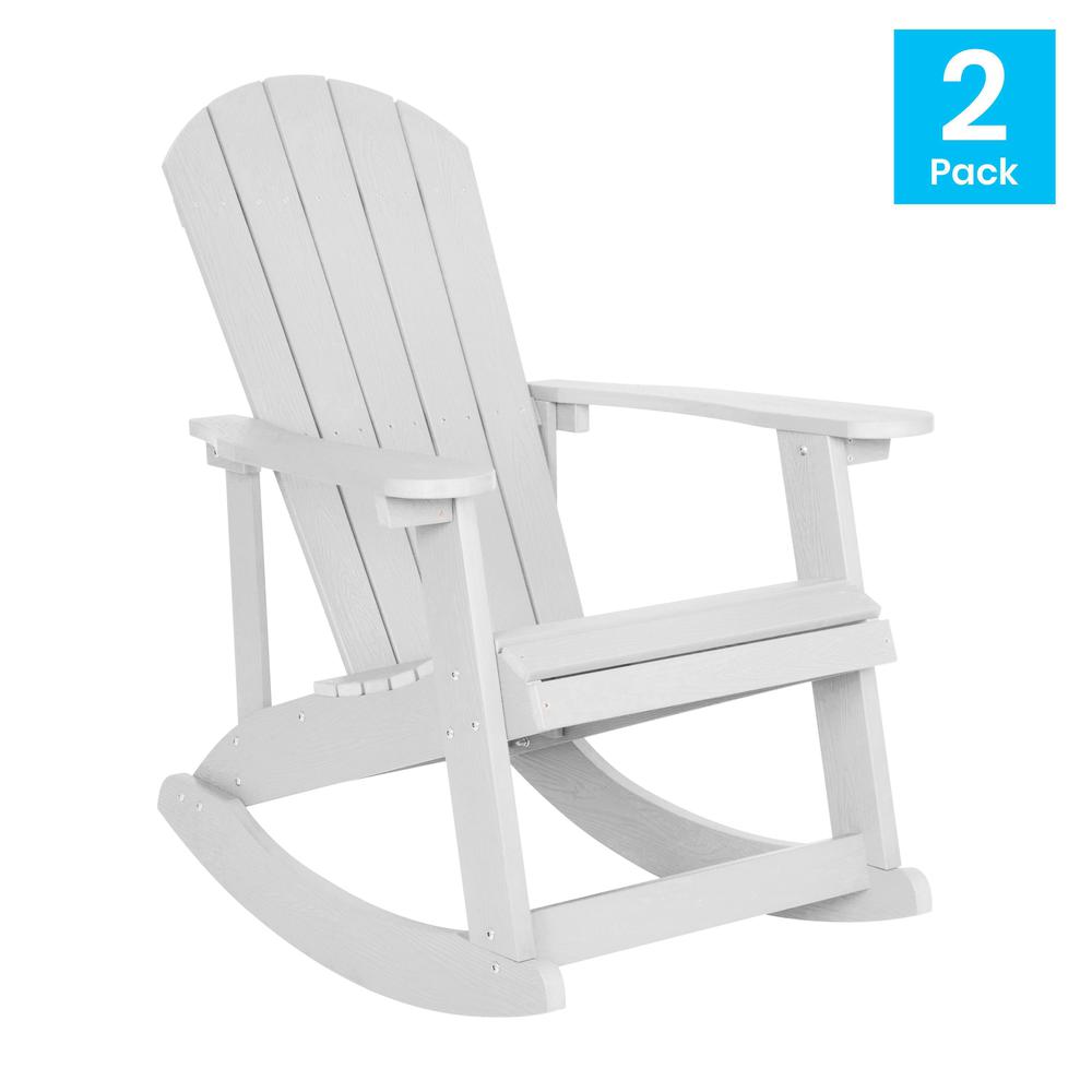 This is the image of Savannah All-Weather Poly Resin Wood Adirondack Rocking Chair - Set of 2, White, with Rust Resistant Stainless Steel Hardware