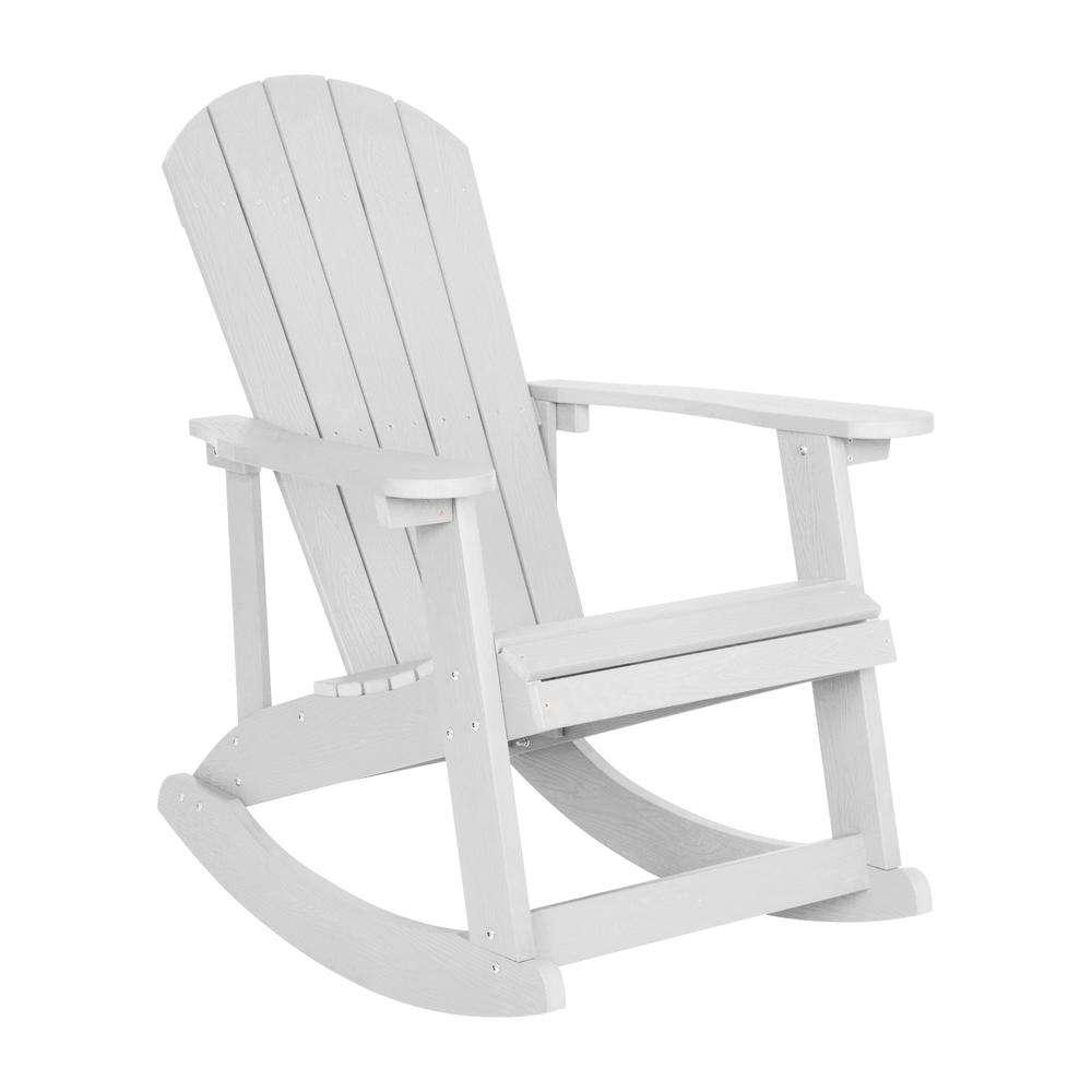 This is the image of Savannah All-Weather Poly Resin Wood Adirondack Rocking Chair - White, with Rust-Resistant Stainless Steel Hardware