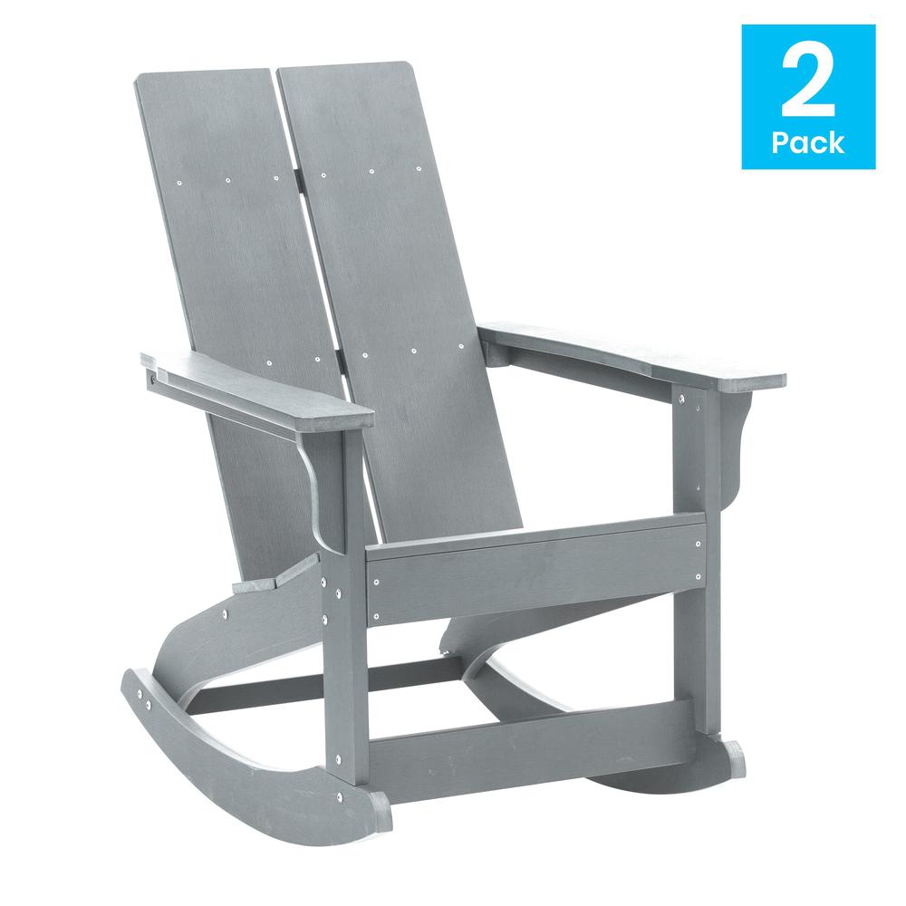 This is the image of Finn Modern All-Weather 2-Slat Poly Resin Rocking Adirondack Chair - Set of 2, Gray, with Rust Resistant Stainless Steel Hardware