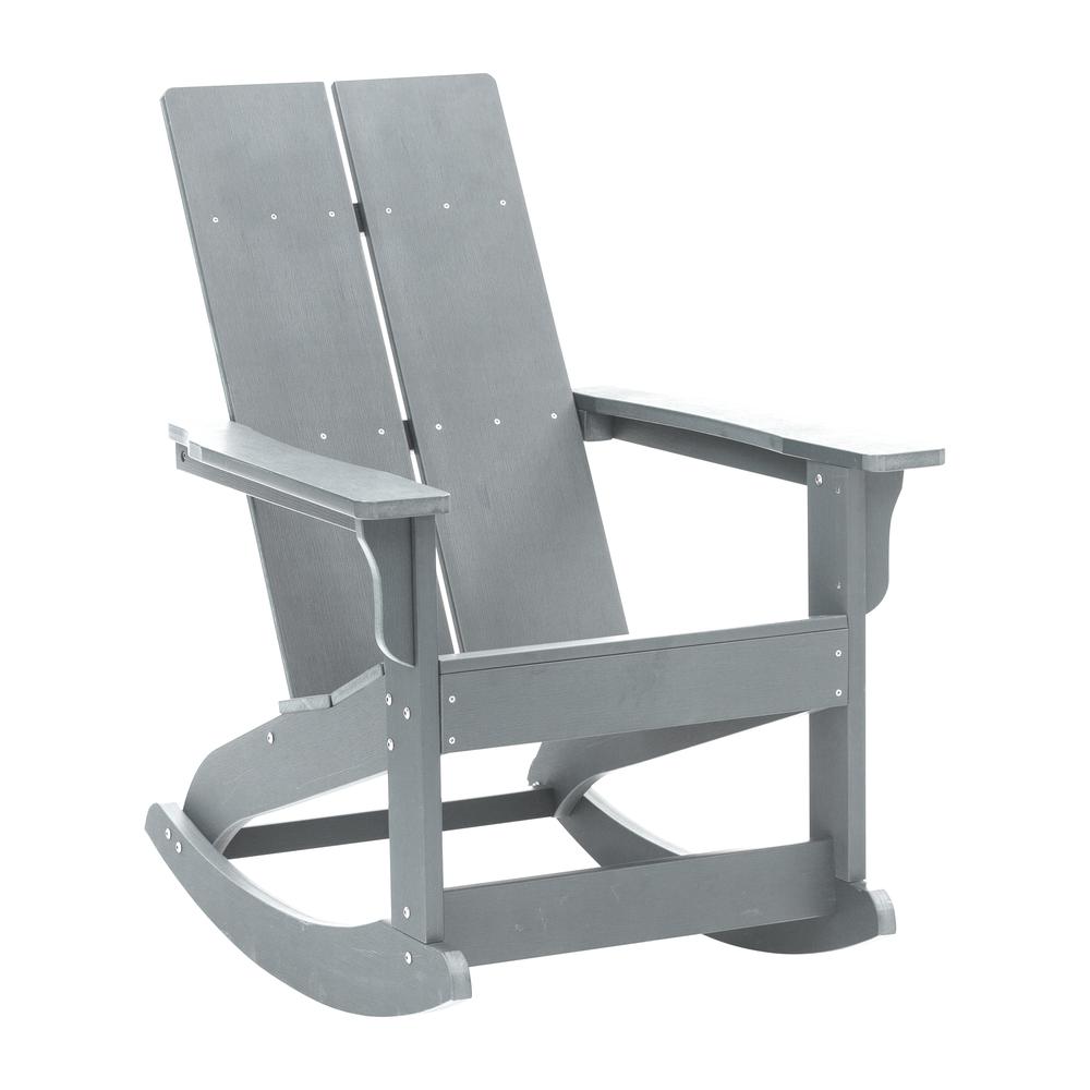 This is the image of Finn Modern All-Weather Rocking Adirondack Chair - Gray, 2-Slat Poly Resin Wood, Rust Resistant Stainless Steel Hardware