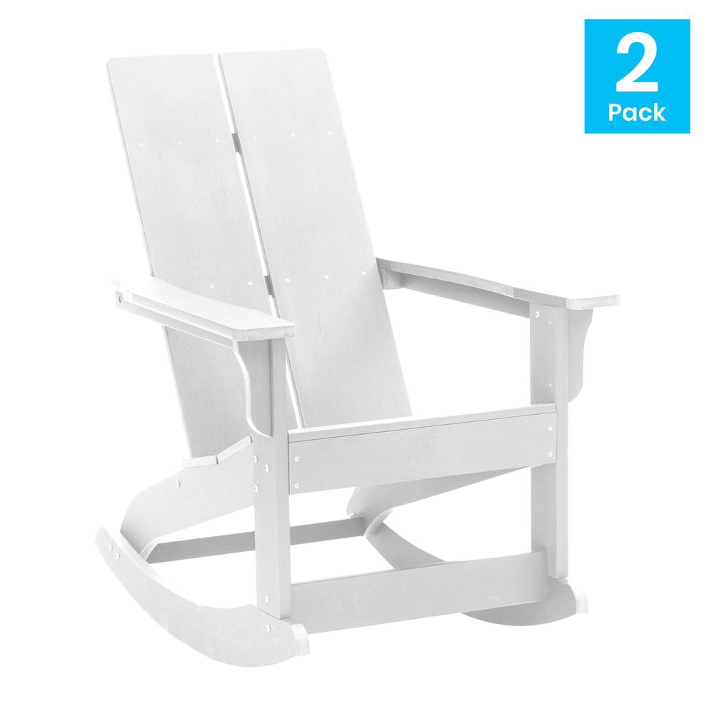 This is the image of Finn Modern All-Weather Rocking Adirondack Chair - Set of 2, White, Poly Resin, Rust Resistant Stainless Steel Hardware