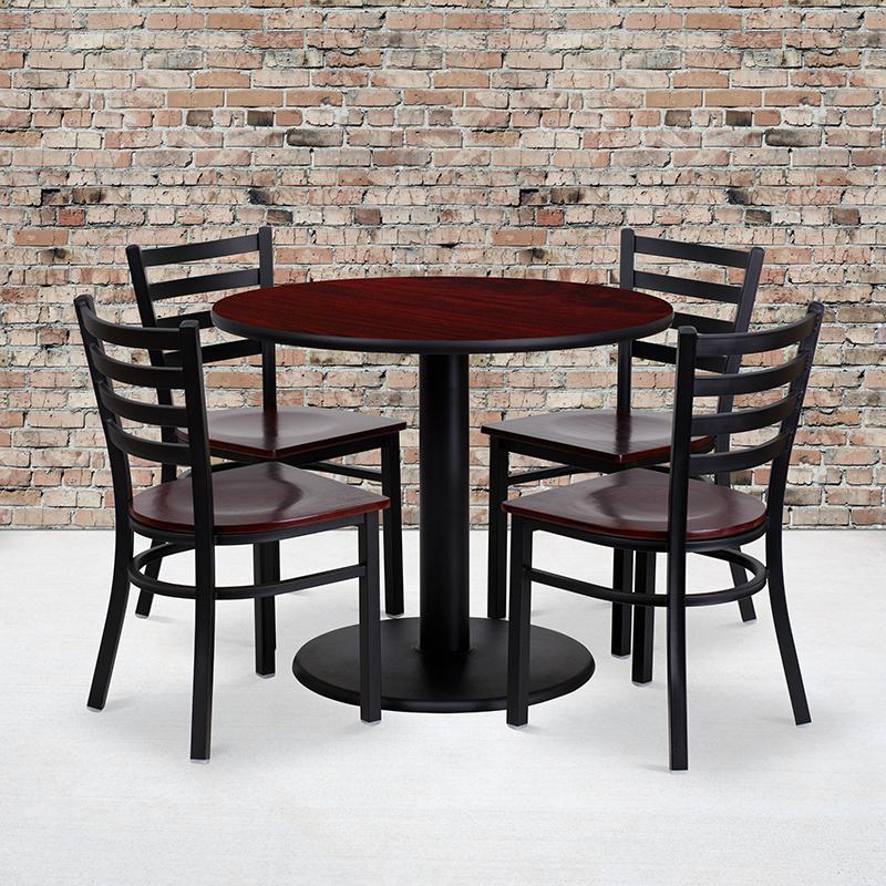 36- Round Table Set with 4 Metal Chairs - Mahogany Wood Seat
