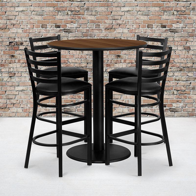Image of 36'' Round Walnut Laminate Table Set With 4 Ladder Back Metal Barstools - Black Vinyl Seat