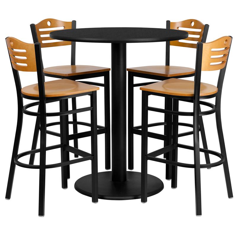 36- Round Table Set with 4 Barstools - Natural Wood Seat