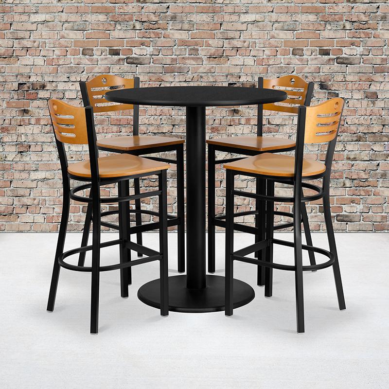 36- Round Table Set with 4 Barstools - Natural Wood Seat