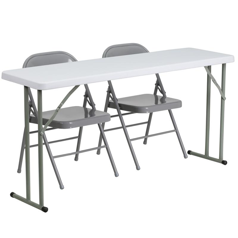 18- x 60- Plastic Folding Training Table Set with 2 Gray Metal Folding Chairs