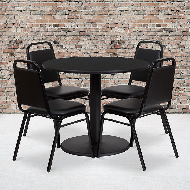 Image of 36'' Round Black Laminate Table Set With Round Base And 4 Black Trapezoidal Back Banquet Chairs