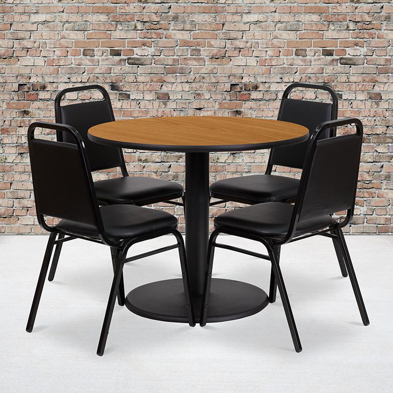 Image of 36'' Round Natural Laminate Table Set With Round Base And 4 Black Trapezoidal Back Banquet Chairs
