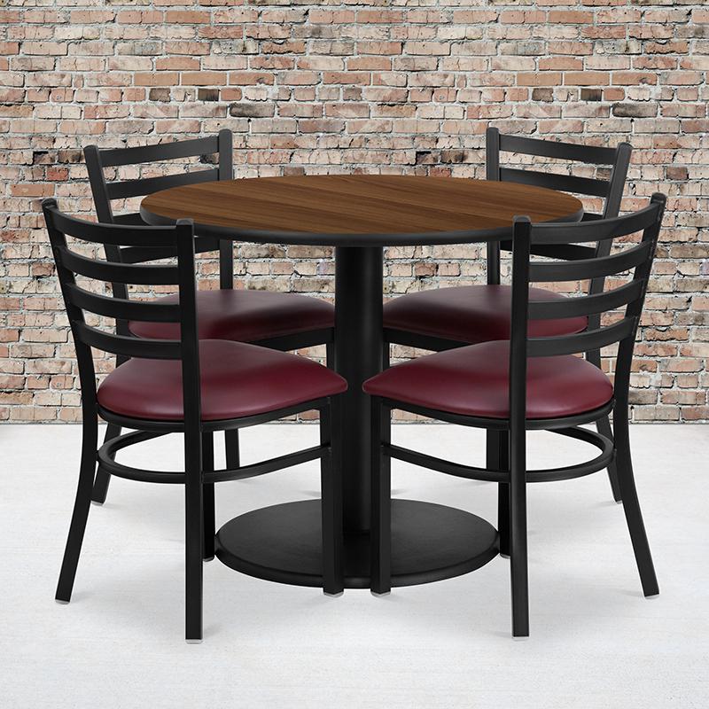 Image of 36'' Round Walnut Laminate Table Set With Round Base And 4 Ladder Back Metal Chairs - Burgundy Vinyl Seat