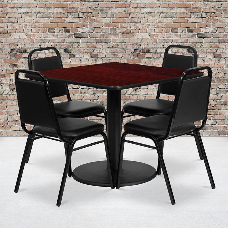 36- Square Table Set with Round Base and 4 Black Banquet Chairs