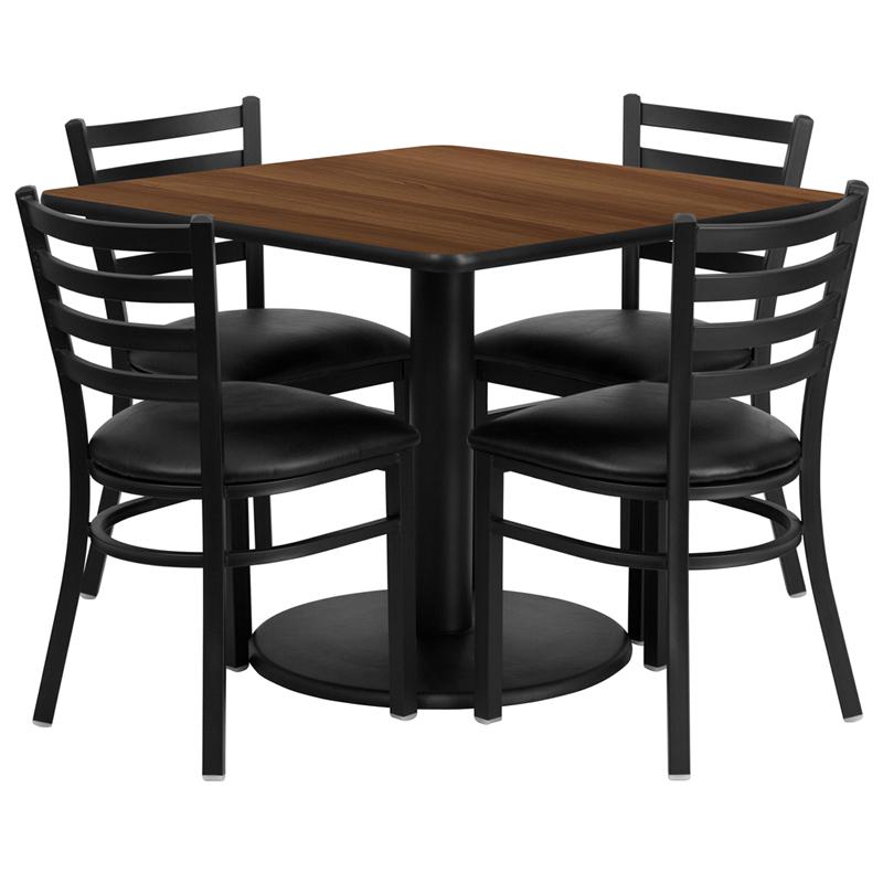 36- Square Walnut Laminate Table Set with Round Base and 4 Metal Chairs - Black Vinyl Seat