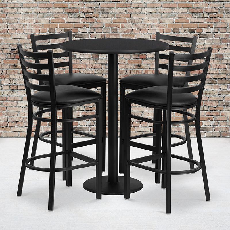 30- Round Table Set with 4 Barstools - Black