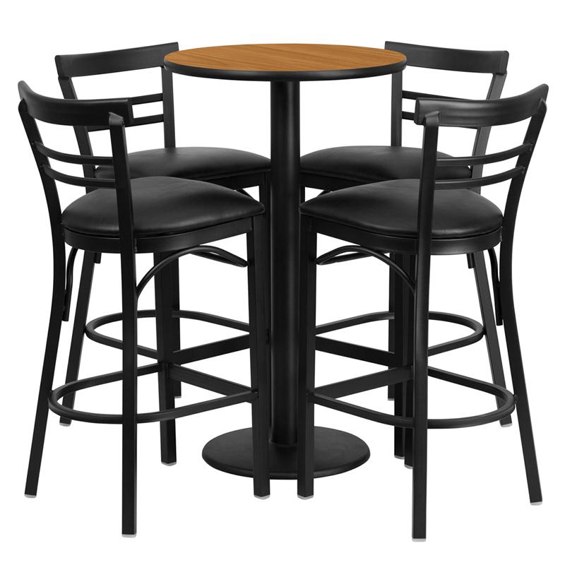 24- Round Table Set with 4 Metal Barstools - Black Seat