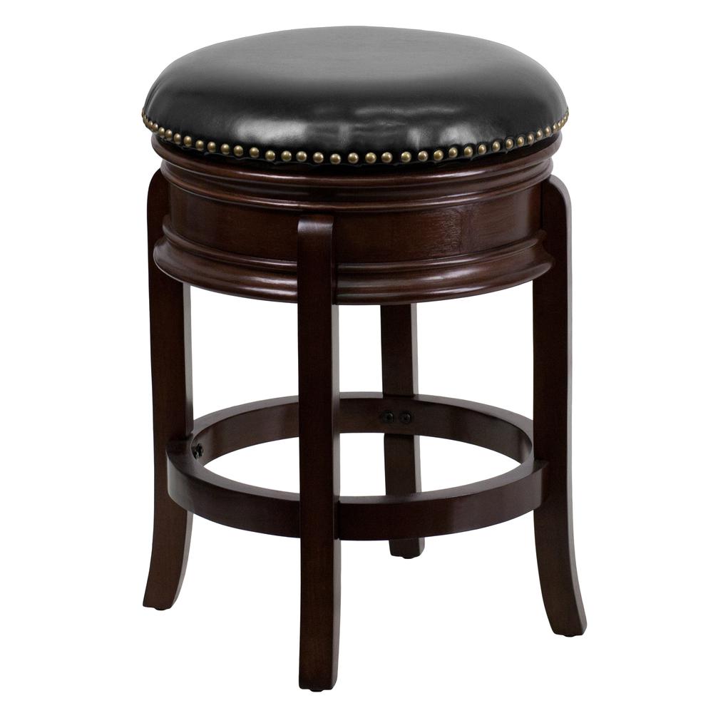 24- High Backless Cappuccino Wood Counter Stool with Carved Apron and Black LeatherSoft Swivel Seat