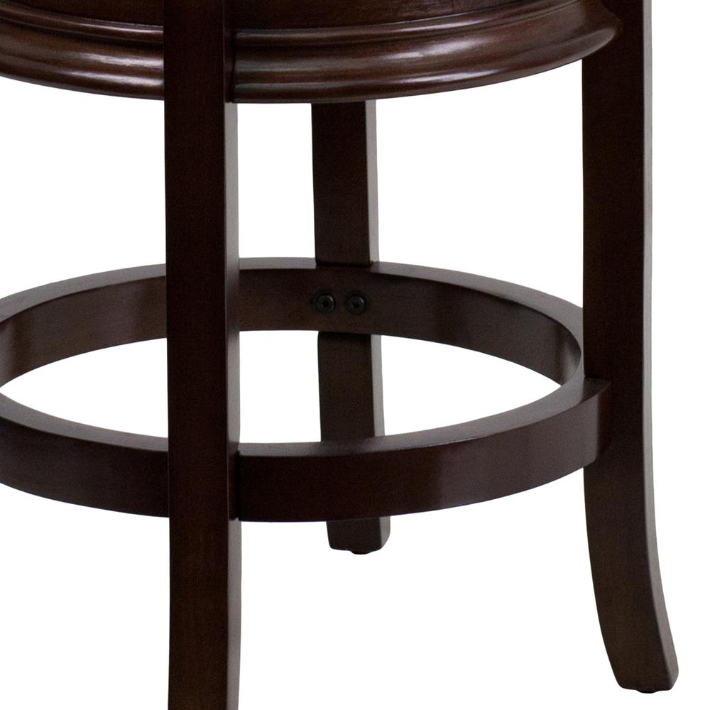 24- High Backless Cappuccino Wood Counter Stool with Carved Apron and Black LeatherSoft Swivel Seat