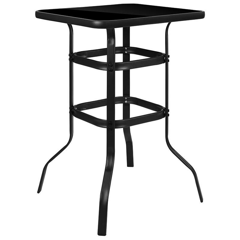 Image of 27.5" Square Black Tempered Glass Bar Height Metal Patio Bar Table