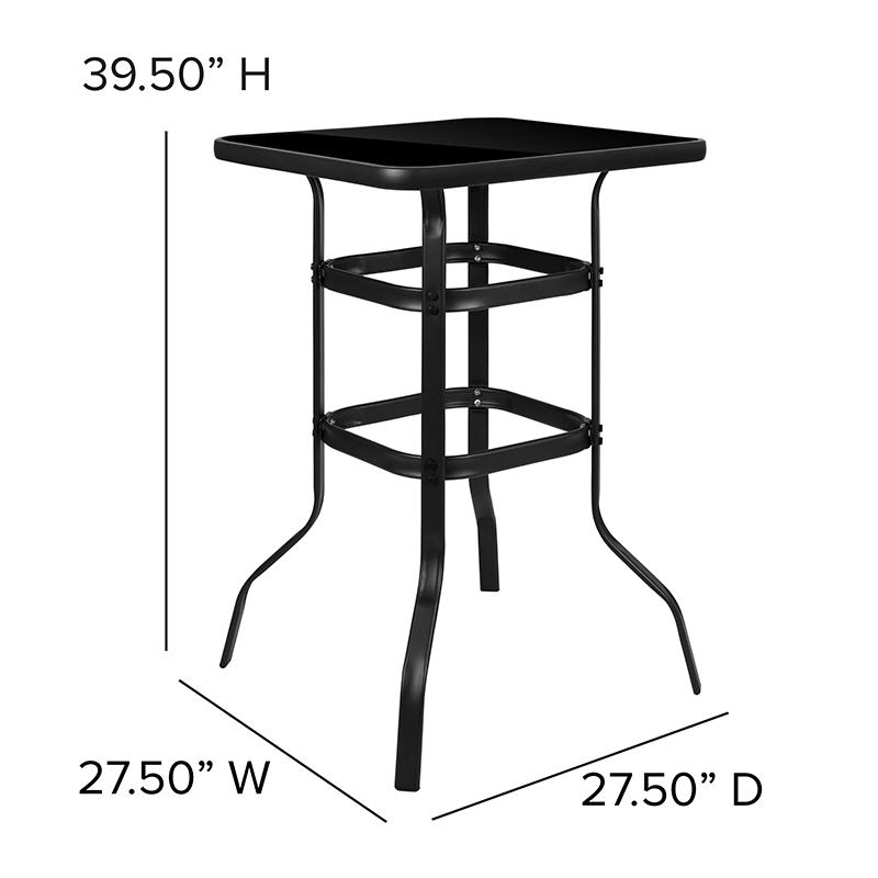 27.5" Square Black Tempered Glass Bar Height Metal Patio Bar Table